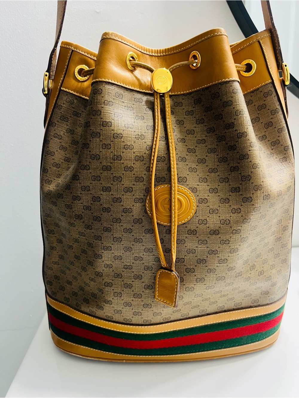 Gucci Brown Monogram Canvas Drawstring Bucket Bag with Tan Leather